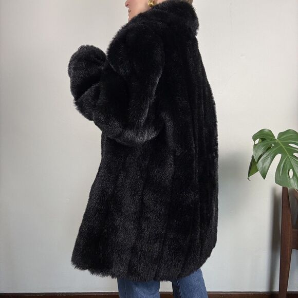 Vintage Black Faux Fur Coat | 80s 90s Plush Modacrylic Mod Jacket, USA Made - Picture 3 of 16